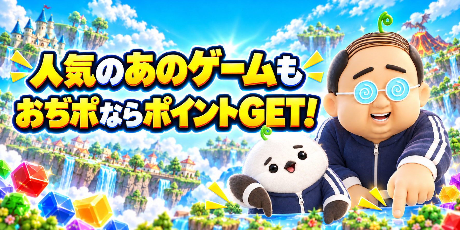 人気のあのゲームも、おぢポならポイントGET! おぢさんとシマエナガが下のゲーム一覧を案内しています
