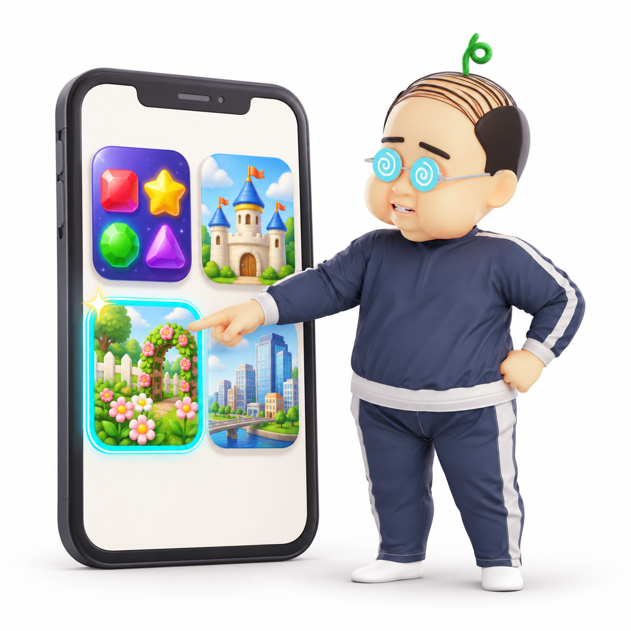 おぢさんがスマートフォンでゲームを選ぶ操作の説明用イメージ